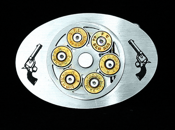 Engraved Twin Colts with Cylinder Large Oval Belt Buckle