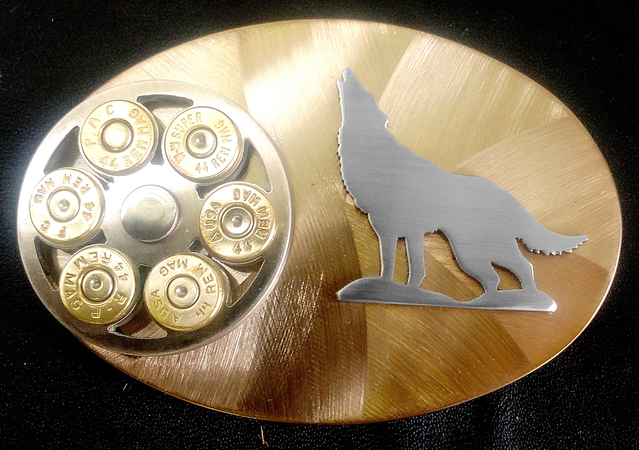 Howling Wolf Overlay with Cylinder and Colored Back Large Oval Belt Buckle