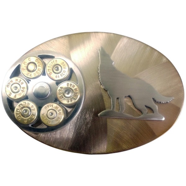 Howling Wolf Overlay with Cylinder and Colored Back Large Oval Belt Buckle|10-14-44-142B