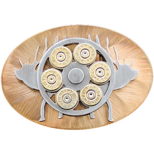 Double Elk Laser Overlay with Cylinder Belt Buckle, Heat Treated|10-44-DEC