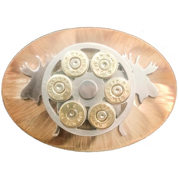 Double Moose Laser Overlay with Cylinder Belt Buckle, Heat Treated|10-44-DMC