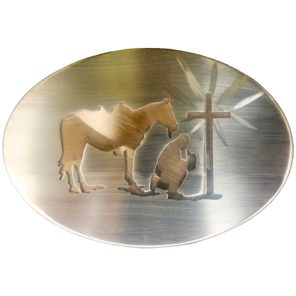 Cowboy Kneeling at Cross Cutout Large Oval Belt Buckle|160