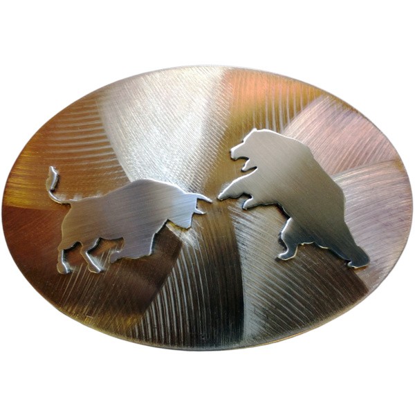 Bull and Grizzly Fighting Overlay Large Oval Belt Buckle/506-B